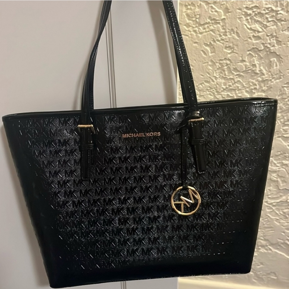 Michael Kors black monogrammed shoulder bag, 16" x 10"